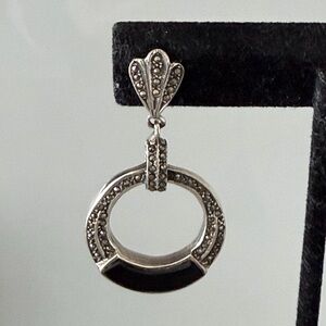 Exquisite Estate Art Deco Marcasite and Onyx Earrings, Sterling Silver